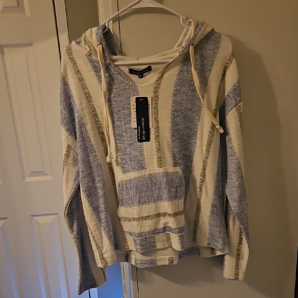 Ocean Drive Blue and Cream Striped Hoodie